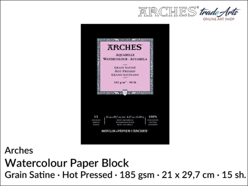 Pad akwarelowy Arches Hot Pressed 185 gsm A4,  Arches Watercolour Pad Grain Satine HP A4,  Arches Aquarelle Pad Grain Satine HP A4, pad akwarelowy prasowany na gorąco Arches, pady akwarelowe, Arches,