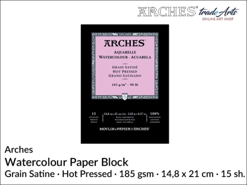 Pad akwarelowy Arches Hot Pressed 185 gsm A5,  Arches Watercolour Pad Grain Satine HP A5,  Arches Aquarelle Pad Grain Satine HP A5, pad akwarelowy prasowany na gorąco Arches, pady akwarelowe, Arches,