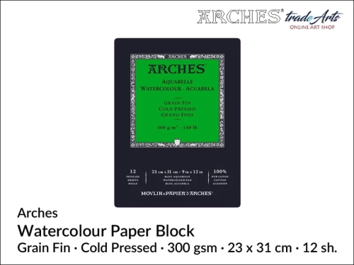 Pad akwarelowy Arches CP 23x31 cm,  Arches Watercolour Block Grain Fin CP 23x31 cm,  Arches Aquarelle Block Grain Fin CP 23x31  cm, pad akwarelowy prasowany na zimno Arches, pady akwarelowe, Arches,