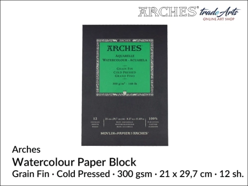Pad akwarelowy Arches CP 21x29,7 cm,  Arches Watercolour Block Grain Fin CP 21x29,7 cm,  Arches Aquarelle Block Grain Fin CP 21x29,7  cm, pad akwarelowy prasowany na zimno Arches, pady akwarelowe, Arches,