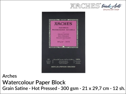 Pad akwarelowy Arches HP 21 x 29,7 cm,  Arches Watercolour Pad Grain Satine HP 21 x 29,7 cm,  Arches Aquarelle Pad Grain Satine HP 21 x 29,7 cm, pad akwarelowy prasowany na gorąco Arches, pady akwarelowe, Arches,