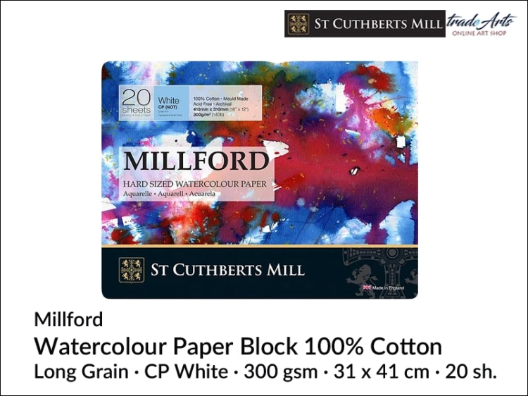 Millford Watercolour Block CP 31x41 cm 20 ark., Millford blok akwarelowy CP 31x41 cm 20 ark., blok akwarelowy Millford 100 bawełna, blok akwarelowy Millford, bloki akwarelowe, Millford, blok akwarelowy 100% bawełna, akwarele, bloki,