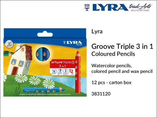 Lyra Groove Triple One 3in1 Pencils carton box 12 pcs, Lyra Groove  kredki akwarelowe 3w1 12 szt., kredki woskowe i akwarelowe Lyra Groove Triple 1 3in1, kredki trójkątne Lyra Groove Triple One 3w1, kredki drewniane Lyra Groove,