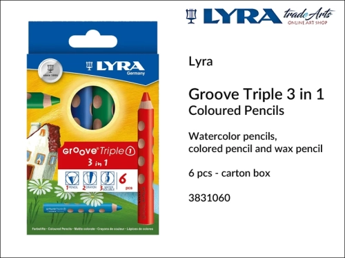 Lyra Groove Triple One 3in1 Pencils carton box 6 pcs, Lyra Groove  kredki akwarelowe 3w1 6 szt., kredki woskowe i akwarelowe Lyra Groove Triple 1 3in1, kredki trójkątne Lyra Groove Triple One 3w1, kredki drewniane Lyra Groove,