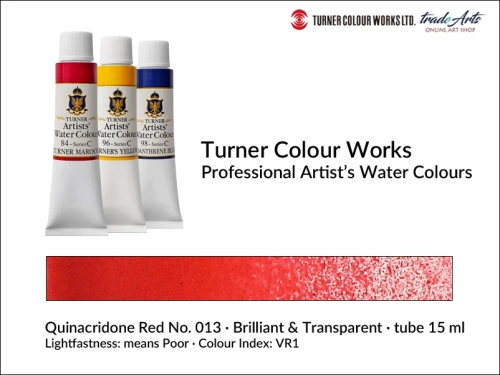 Turner Artists Watercolour Quinacridone Red 013 15 ml, Turner Artists Watercolour farba akwarelowa Quinacridone Red 013 tuba 15 ml, farba akwarelowa Quinacridone Red 013 Turner Artists Watercolour, farby akwarelowe Turner, akwarele Turner Artists,