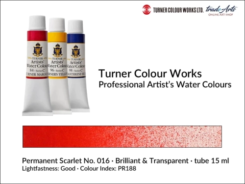 Turner Artists Watercolour Permanent Scarlet 016 15 ml, Turner Artists Watercolour farba akwarelowa Permanent Scarlet 016 tuba 15 ml, farba akwarelowa Permanent Scarlet 016 Turner Artists Watercolour, farby akwarelowe Turner, akwarele Turner Artists,