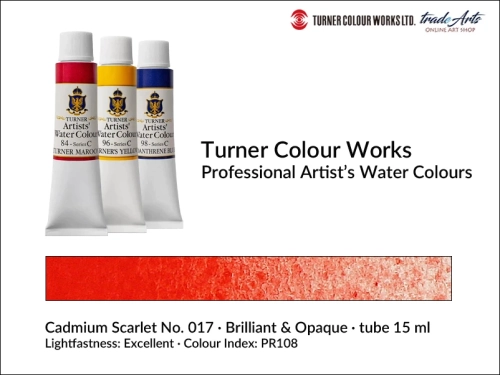 Turner Artists Watercolour Cadmium Scarlet 017 15 ml, Turner Artists Watercolour farba akwarelowa Cadmium Scarlet 017 tuba 15 ml, farba akwarelowa Cadmium Scarlet 017 Turner Artists Watercolour, farby akwarelowe Turner, akwarele Turner Artists,