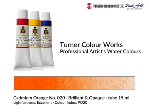 Turner Artists Watercolour Cadmium Orange 020 15 ml, Turner Artists Watercolour farba akwarelowa Cadmium Orange 020 tuba 15 ml, farba akwarelowa Cadmium Orange 020 Turner Artists Watercolour, farby akwarelowe Turner, akwarele Turner Artists,