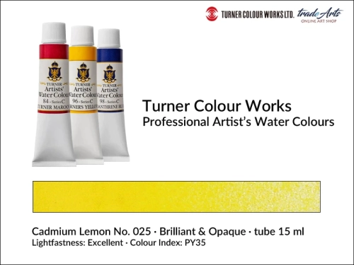 Turner Artists Watercolour Cadmium Lemon 025 15 ml, Turner Artists Watercolour farba akwarelowa Cadmium Lemon 025 tuba 15 ml, farba akwarelowa Cadmium Lemon 025 Turner Artists Watercolour, farby akwarelowe Turner, akwarele Turner Artists,