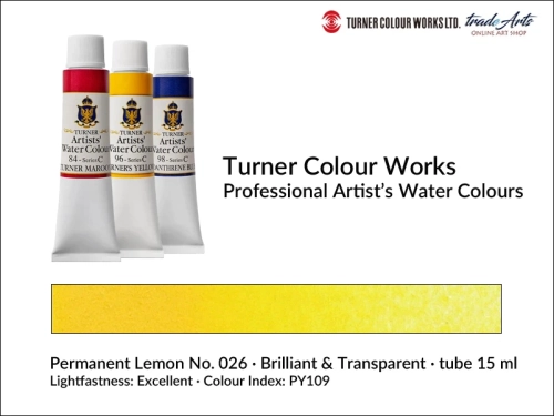 Turner Artists Watercolour Permanent Lemon 026 15 ml, Turner Artists Watercolour farba akwarelowa Permanent Lemon 026 tuba 15 ml, farba akwarelowa Permanent Lemon 026 Turner Artists Watercolour, farby akwarelowe Turner, akwarele Turner Artists,
