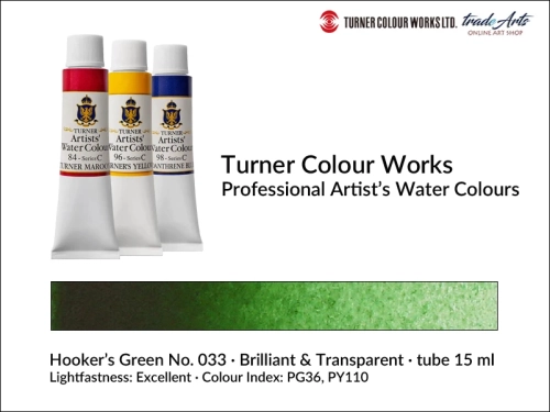 Turner Artists Watercolour Hooker's Green 033 15 ml, Turner Artists Watercolour farba akwarelowa Hooker's Green 033 tuba 15 ml, farba akwarelowa Hooker's Green 033 Turner Artists Watercolour, farby akwarelowe Turner, akwarele Turner Artists, akwarela,