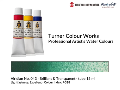 Turner Artists Watercolour Viridian 043 15 ml, Turner Artists Watercolour farba akwarelowa Viridian 043  tuba 15 ml, farba akwarelowa Viridian 043 Turner Artists Watercolour, farby akwarelowe Turner, akwarele Turner Artists, akwarela,