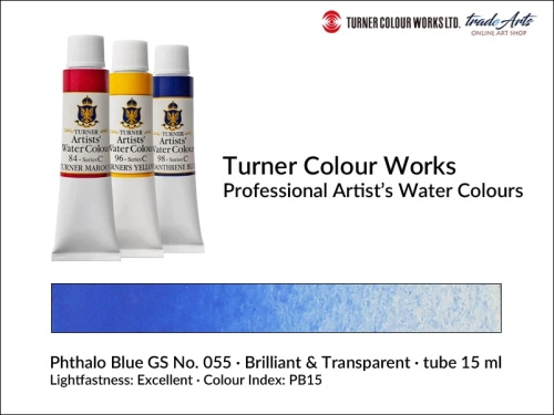 Turner Artists Watercolour Phthalo Blue GS 055 15 ml, Turner Artists Watercolour farba akwarelowa Phthalo Blue GS 055 tuba 15 ml, farba akwarelowa Phthalo Blue GS 055 Turner Artists Watercolour, farby akwarelowe Turner, akwarele Turner Artists, akwarela,