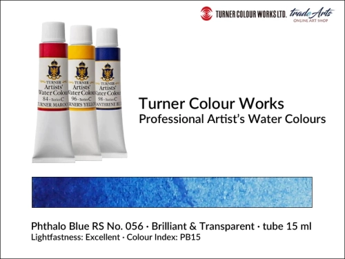 Turner Artists Watercolour Phthalo Blue RS 056 15 ml, Turner Artists Watercolour farba akwarelowa Phthalo Blue RS 056 tuba 15 ml, farba akwarelowa Phthalo Blue RS 056 Turner Artists Watercolour, farby akwarelowe Turner, akwarele Turner Artists, akwarela,