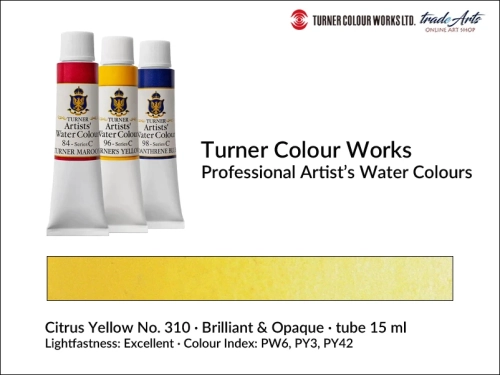 Turner Artists Watercolour Citrus Yellow 310 15 ml, Turner Artists Watercolour farba akwarelowa Citrus Yellow 310 tuba 15 ml, farba akwarelowa Citrus Yellow 310 Turner Artists Watercolour, farby akwarelowe Turner, akwarele Turner Artists, akwarela,