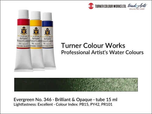 Turner Artists Watercolour Evergreen 346 15 ml, Turner Artists Watercolour farba akwarelowa Evergreen 346 tuba 15 ml, farba akwarelowa Evergreen 346 Turner Artists Watercolour, farby akwarelowe Turner, akwarele Turner Artists, akwarela,
