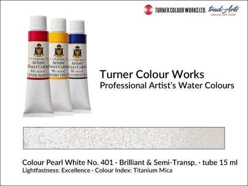 Turner Artists Watercolour Pearl White 401 15 ml, Turner Artists Watercolour farba akwarelowa Pearl White 401 tuba 15 ml, farba akwarelowa Pearl White 401 Turner Artists Watercolour, farby akwarelowe Turner, akwarele Turner Artists, akwarela,