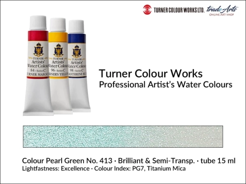 Turner Artists Watercolour Pearl Green 413 15 ml, Turner Artists Watercolour farba akwarelowa Pearl Green 413 tuba 15 ml, farba akwarelowa Pearl Green 413 Turner Artists Watercolour, farby akwarelowe Turner, akwarele Turner Artists, akwarela,