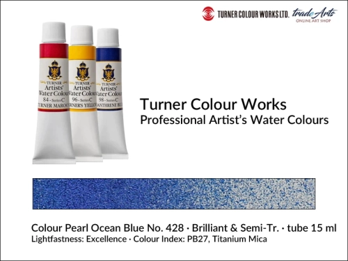 Turner Artists Watercolour Pearl Ocean Blue 428 15 ml, Turner Artists Watercolour farba akwarelowa Pearl Ocean Blue 428 tuba 15 ml, farba akwarelowa Pearl Ocean Blue 428 Turner Artists Watercolour, farby akwarelowe Turner, akwarele Turner Artists,