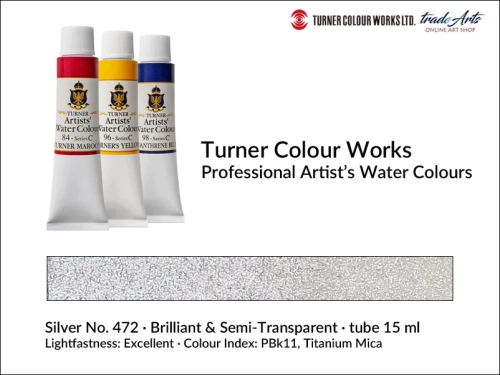 Turner Artists Watercolour Silver 472 15 ml, Turner Artists Watercolour farba akwarelowa Silver 472 tuba 15 ml, farba akwarelowa Silver 472 Turner Artists Watercolour, farby akwarelowe Turner, akwarele Turner Artists,
