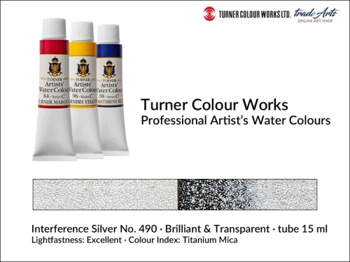 Turner Artists Watercolour Interference Silver 490 15 ml, Turner Artists Watercolour farba akwarelowa Interference Silver 490 tuba 15 ml, farba akwarelowa Interference Silver 490 Turner Artists Watercolour, farby akwarelowe Turner, akwarele Turner,