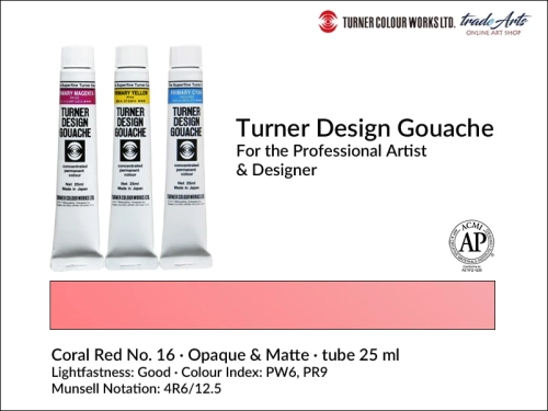 Turner Design Gouache Coral Red 16 tube 25 ml, farba gwaszowa Turner Design Gouache Coral Red 16 tuba 25 ml, farby gwaszowe profesjonalne Design Gouache Turner tuby 25 ml, farby gwaszowe, gwasze, Turner Gouache Design,