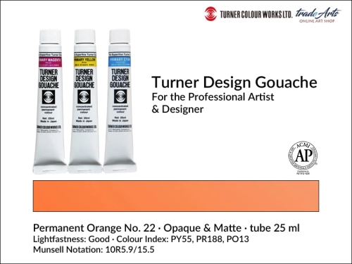 Turner Design Gouache Permanent Orange 22 tube 25 ml, farba gwaszowa Turner Design Gouache Permanent Orange 22 tuba 25 ml, farby gwaszowe profesjonalne Design Gouache Turner tuby 25 ml, farby gwaszowe, gwasze, Turner Gouache Design,