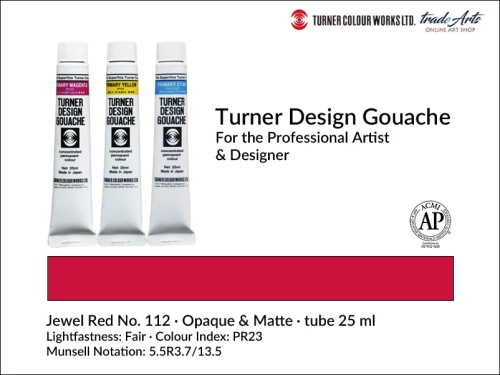 Turner Design Gouache Jewel Red 112 tube 25 ml, farba gwaszowa Turner Design Gouache Jewel Red 112 tuba 25 ml, farby gwaszowe profesjonalne Design Gouache Turner tuby 25 ml, farby gwaszowe, gwasze, Turner Design Gouache,