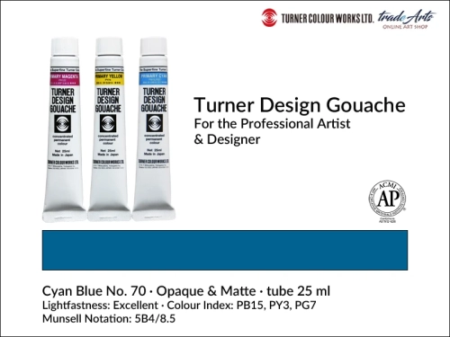 Turner Design Gouache Cyan Blue 70 tube 25 ml, farba gwaszowa Turner Design Gouache Cyan Blue 70 tuba 25 ml, farby gwaszowe profesjonalne Design Gouache Turner tuby 25 ml, farby gwaszowe, gwasze, Turner Gouache Design,