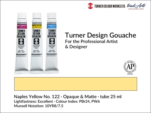 Turner Design Gouache naples Yellow 122 tube 25 ml, farba gwaszowa Turner Design Gouache Naples Yellow 122 tuba 25 ml, farby gwaszowe profesjonalne Design Gouache Turner tuby 25 ml, farby gwaszowe, gwasze, Turner Design Gouache,