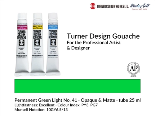 Turner Design Gouache Permanent Green Light 41 tube 25 ml, farba gwaszowa Turner Design Gouache Permanent Green Light 41 tuba 25 ml, farby gwaszowe profesjonalne Design Gouache Turner tuby 25 ml, farby gwaszowe, gwasze, Turner Gouache Design,