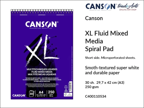 Canson XL Fluid Mix Media Spiral Pad A3, Canson  XL Fluid Mix Media blok tusze i markery spirala A3, blok tusze i markery na spirali A3 Canson XL Fluid Mix Media, bloki markery i tusze A3 spirala Canson, akryle, bloki, bloki do akwareli, tradearts,