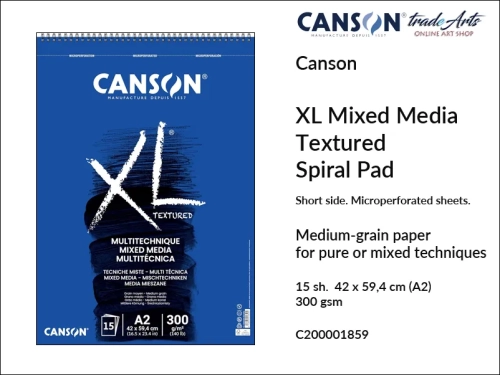 Canson XL Mix Media Spiral Pad A2, Canson  XL Mix Media blok do technik mokrych spirala A2, blok do technik mokrych na spirali A2 Canson XL Mix Media Textured, bloki do technik mokrych A2 spirala Canson, akryle, bloki, bloki do akwareli, tradearts,