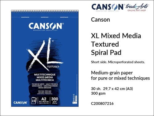 Canson XL Mix Media Spiral Pad A3, Canson  XL Mix Media blok do technik mokrych spirala A3, blok do technik mokrych na spirali A3 Canson XL Mix Media Textured, bloki do technik mokrych A3 spirala Canson, akryle, bloki, bloki do akwareli, tradearts,
