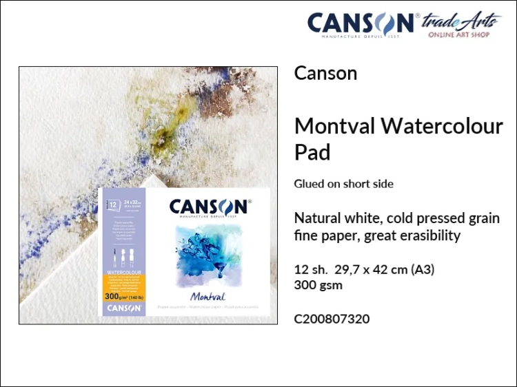 Canson Montval Pad glued, Canson Montval pad do farb akwarelowych klejony 29,7 x 42 cm, blok do akwareli klejony 29,7  x 42 cm Canson Montval, bloki do akwareli Canson Montval, techniki mokre, gwasz, tempera, akwarela, Montval,