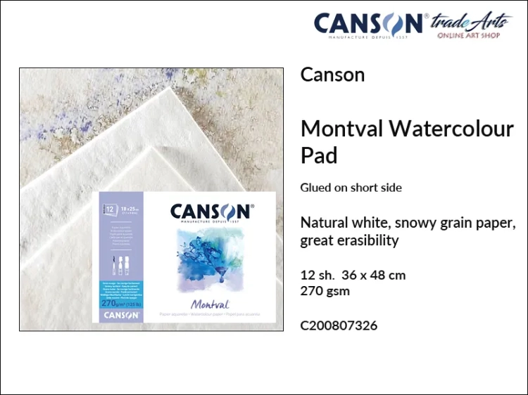 Canson Montval Pad glued, Canson Montval pad do farb akwarelowych klejony 36 x 48 cm, blok do akwareli klejony 36  x 48 cm Canson Montval, bloki do akwareli Canson Montval, techniki mokre, gwasz, tempera, akwarela, Montval,
