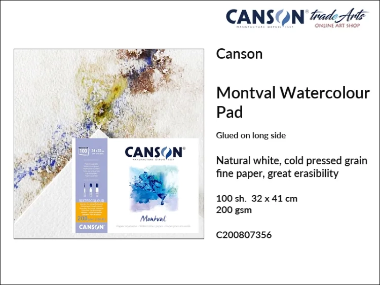 Canson Montval Pad glued, Canson Montval pad do farb akwarelowych klejony 32 x 41 cm, pad do akwareli klejony 32  x 41 cm Canson Montval, pad do akwareli Canson Montval, techniki mokre, gwasz, tempera, akwarela, Montval,