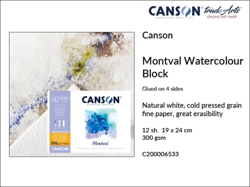 Canson Montval Block glued, Canson Montval blok do farb akwarelowych klejony 19 x 24 cm, blok do akwareli klejony 19  x 24 cm Canson Montval, bloki do akwareli Canson Montval, techniki mokre, gwasz, tempera, akwarela, Montval,