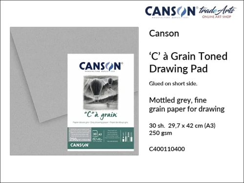 Canson Drawing  Toned Pad 'C'  à Grain ® 250 gsm A3 glued, Canson blok klejony do rysunku Grey 250 gsm A3, blok do rysunku 'C'  à Grain ® Canson 250 gsm, bloki klejone do szkicu, bloki do rysunku, szkic, rysunek, Canson, szkicowanie, tradearts,