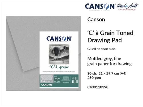 Canson Drawing  Toned Pad 'C'  à Grain ® 250 gsm A4 glued, Canson blok klejony do rysunku Grey 250 gsm A4, blok do rysunku 'C'  à Grain ® Canson 250 gsm, bloki klejone do szkicu, bloki do rysunku, szkic, rysunek, Canson, szkicowanie, tradearts,