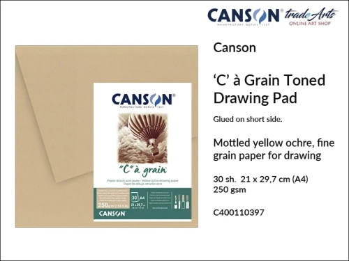 Canson Drawing  Toned Pad 'C'  à Grain ® 250 gsm A4 glued, Canson blok klejony do rysunku Yellow Ochre 250 gsm A4, blok do rysunku 'C'  à Grain ® Canson 250 gsm, bloki klejone do szkicu, bloki do rysunku, szkic, rysunek, Canson, szkicowanie, tradearts,
