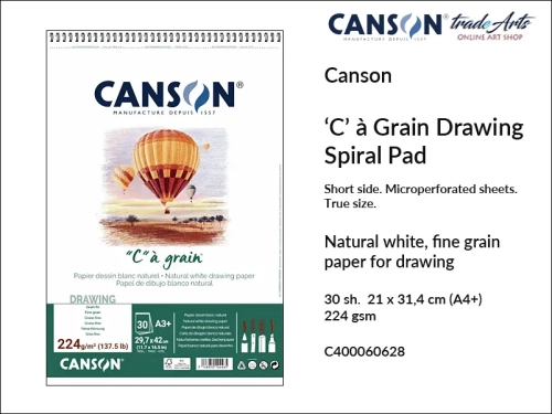 Canson Drawing Pad 'C'  à Grain ® 224 gsm A4+ spiral, Canson blok spirala do rysunku 224 gsm A4+, blok do rysunku 'C'  à Grain ® Canson 224 gsm, bloki na spirali do szkicu, bloki do rysunku, szkic, rysunek, Canson, szkicowanie, tradearts,