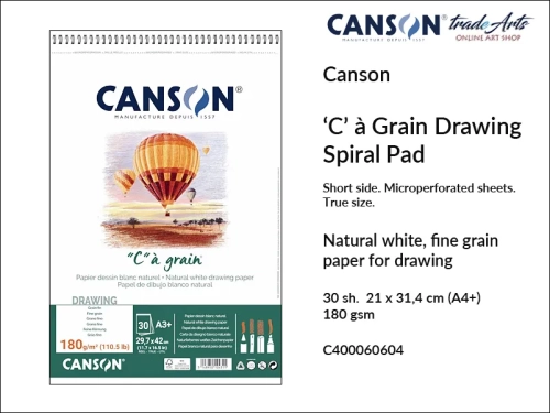 Canson Drawing Pad 'C'  à Grain ® 180 gsm A4 spiral, Canson blok spirala do rysunku 180 gsm A4, blok do rysowania 'C'  à Grain ® Canson 180 gsm, bloki na spirali do rysunku, bloki do rysunku, szkic, rysunek, Canson, szkicowanie, tradearts,