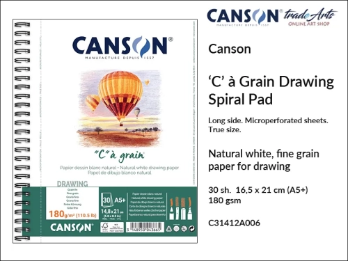 Canson Drawing Pad 'C'  à Grain ® 180 gsm A5+ spiral, Canson blok spirala do rysunku 180 gsm A5+, blok do rysowania 'C'  à Grain ® Canson 180 gsm, bloki na spirali do rysunku, bloki do rysunku, szkic, rysunek, Canson, szkicowanie, tradearts,