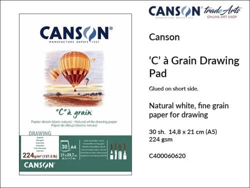 Canson Drawing Pad 'C'  à Grain ® 224 gsm A5 glued, Canson blok klejony do rysunku 224 gsm A5, blok do rysunku 'C'  à Grain ® Canson 224 gsm, bloki klejone do szkicu, bloki do rysunku, szkic, rysunek, Canson, szkicowanie, tradearts,
