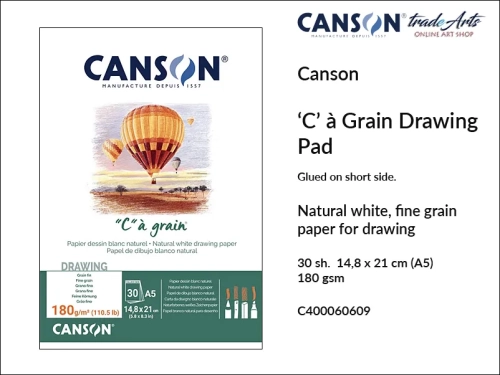Canson Drawing Pad 'C'  à Grain ® 180 gsm A5 glued, Canson blok klejony do szkicu 180 gsm A5, blok do szkicowania 'C'  à Grain ® Canson 180 gsm, bloki klejone do szkicu, bloki do rysunku, szkic, rysunek, Canson, szkicowanie, tradearts,