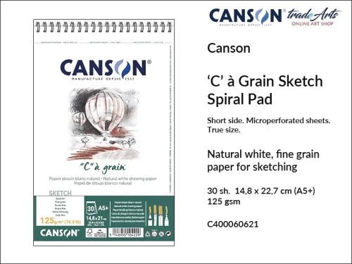 Canson Sketching Pad 'C'  à Grain ® 125 gsm A5 spiral, Canson blok spirala do szkicu 125 gsm A5, blok do szkicowania 'C'  à Grain ® Canson 125 gsm, bloki na spirali do szkicu, bloki do rysunku, szkic, rysunek, Canson, szkicowanie, tradearts,