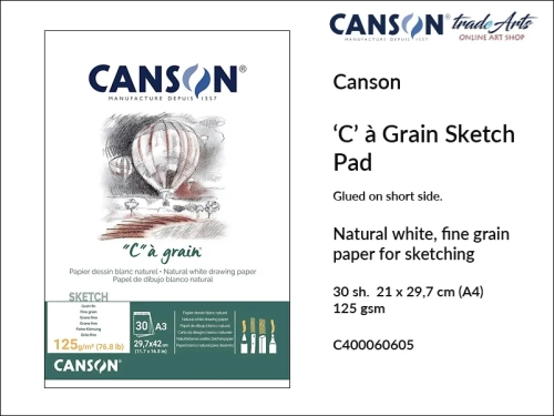 Canson Sketching Pad 'C'  à Grain ® 125 gsm A4 glued, Canson blok klejony do szkicu 125 gsm A4, blok do szkicowania 'C'  à Grain ® Canson 125 gsm, bloki klejone do szkicu, bloki do rysunku, szkic, rysunek, Canson, szkicowanie, tradearts,