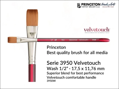 Pędzel akwarelowy płaski Princeton 3950 Velvetouch Wash 1/2", pędzel do farb akrylowych płaski Princeton Velvetouch 3950 Wash 1/2", pędzel uniwersalny płaski Princeton Velvetouch Wash, pędzle płaskie Velvetouch 3950 Princeton,
