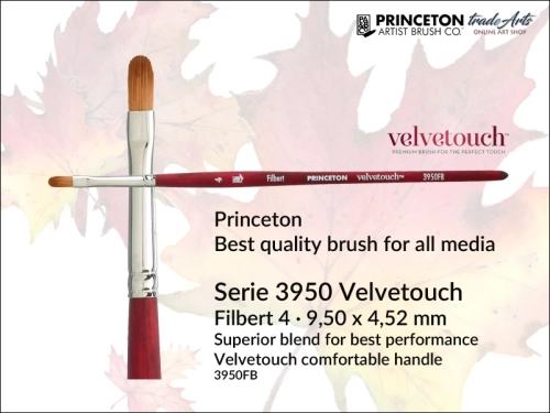 Pędzel uniwersalny płaski Princeton 3950 Velvetouch Filbert 4, pędzel do farb akrylowych płaski Princeton Velvetouch 3950 Filbert 4, pędzel uniwersalny płaski Princeton Velvetouch Filbert, pędzle płaskie Velvetouch 3950 Princeton, filbert,
